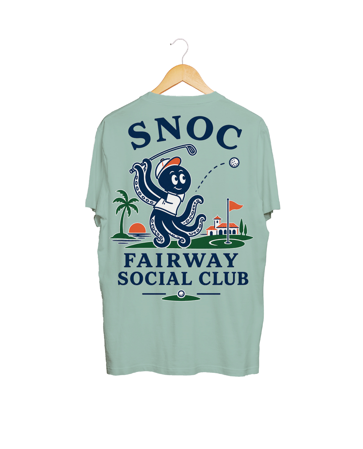 Camiseta de golf Fairway Social Club SNOC aguamarina, vista trasera, fondo transparente