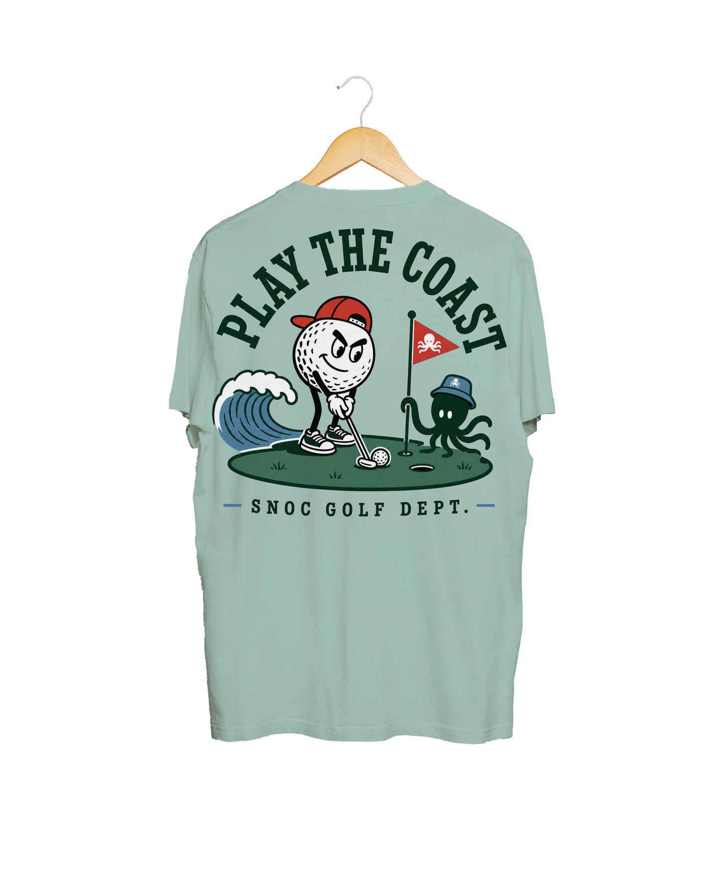 Camiseta de golf Play the Coast SNOC aguamarina, vista trasera, fondo transparente