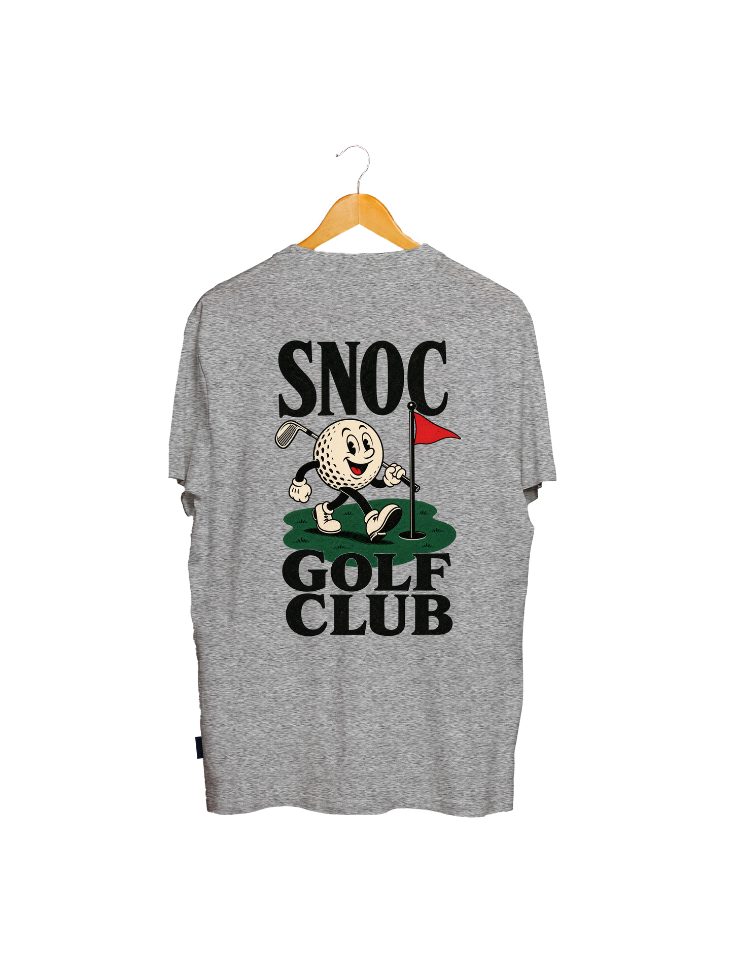 Camiseta Golf Club SNOC gris claro, vista trasera con la mascota de la bola de golf, fondo transparente