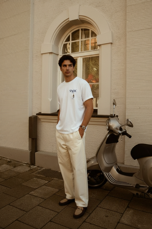 Chico con la camiseta Old Wine de SNOC en blanco, vista frontal con el sello SNOC Wine en el pecho, en la calle junto a una Vespa