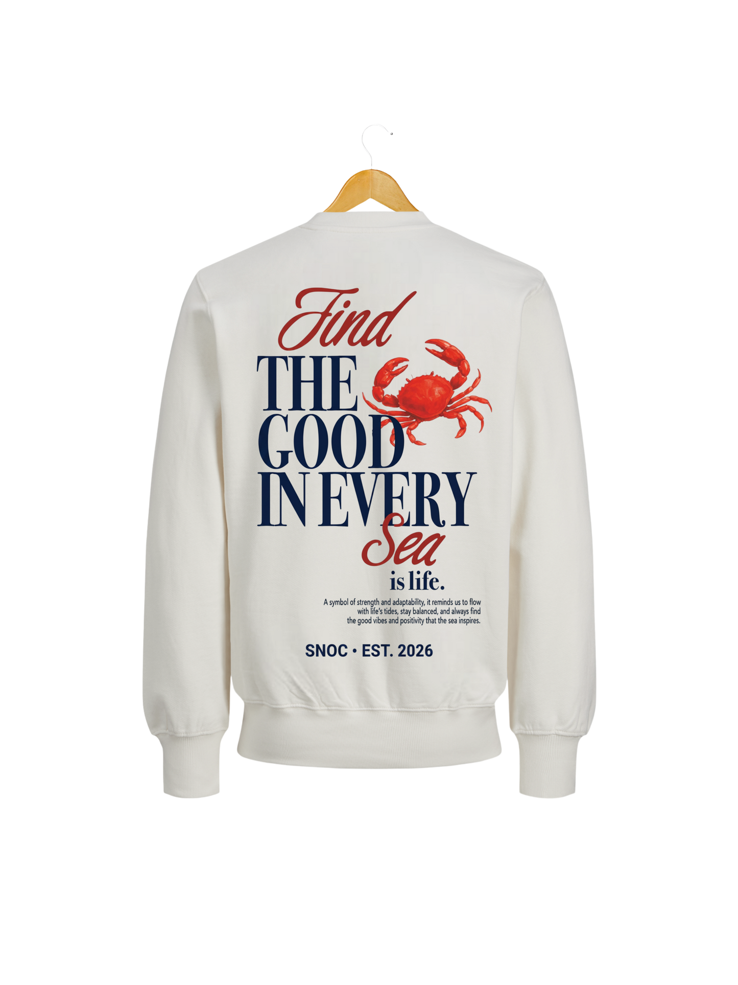 Sudadera Crab and Sea SNOC blanca, vista trasera con el cangrejo rojo, fondo transparente