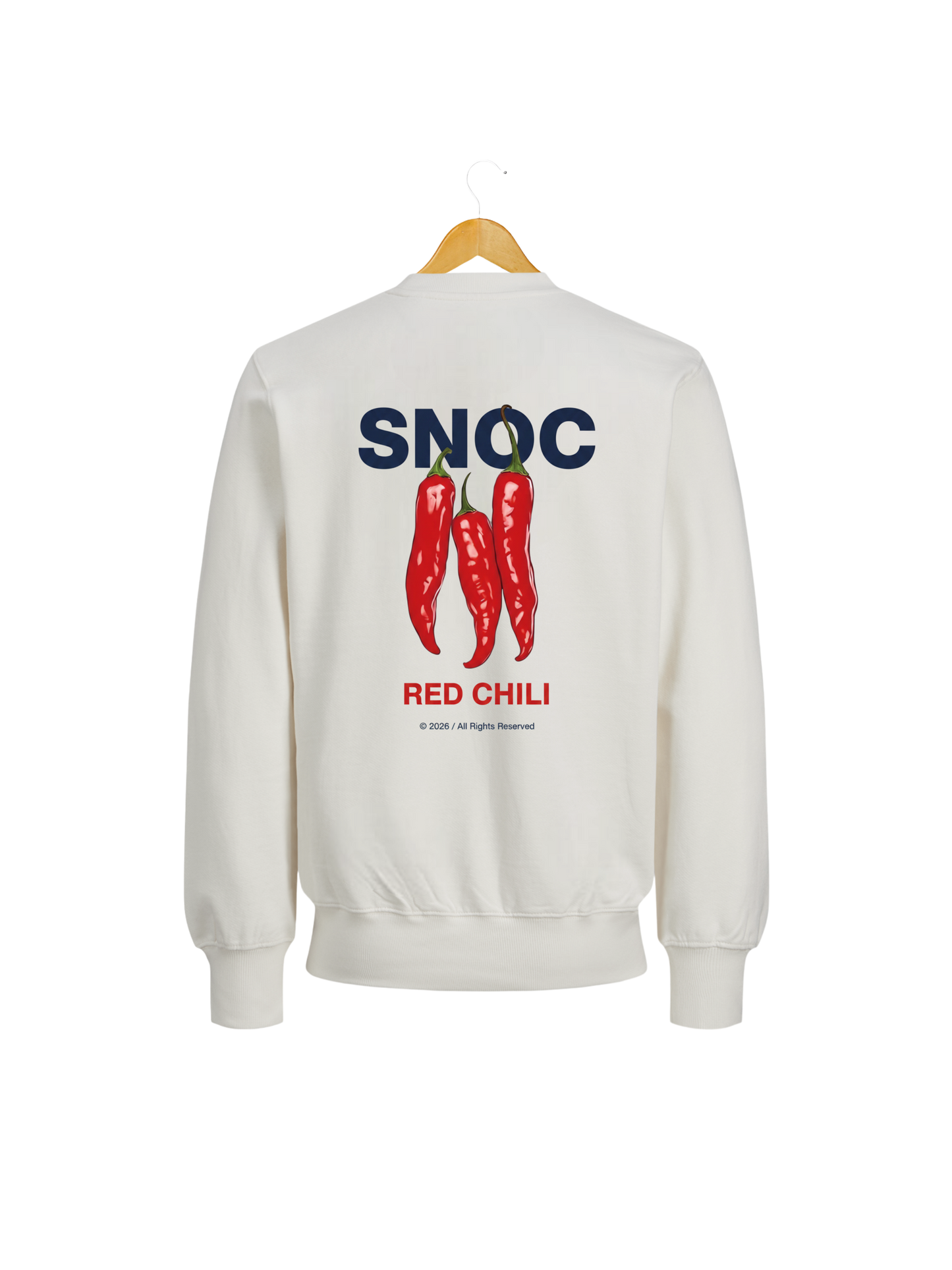 Sudadera Red Chili SNOC blanca, vista trasera con las tres guindillas rojas, fondo transparente