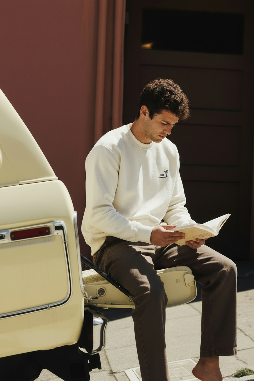 Chico de frente con la sudadera crema, logo SNOC y palmera