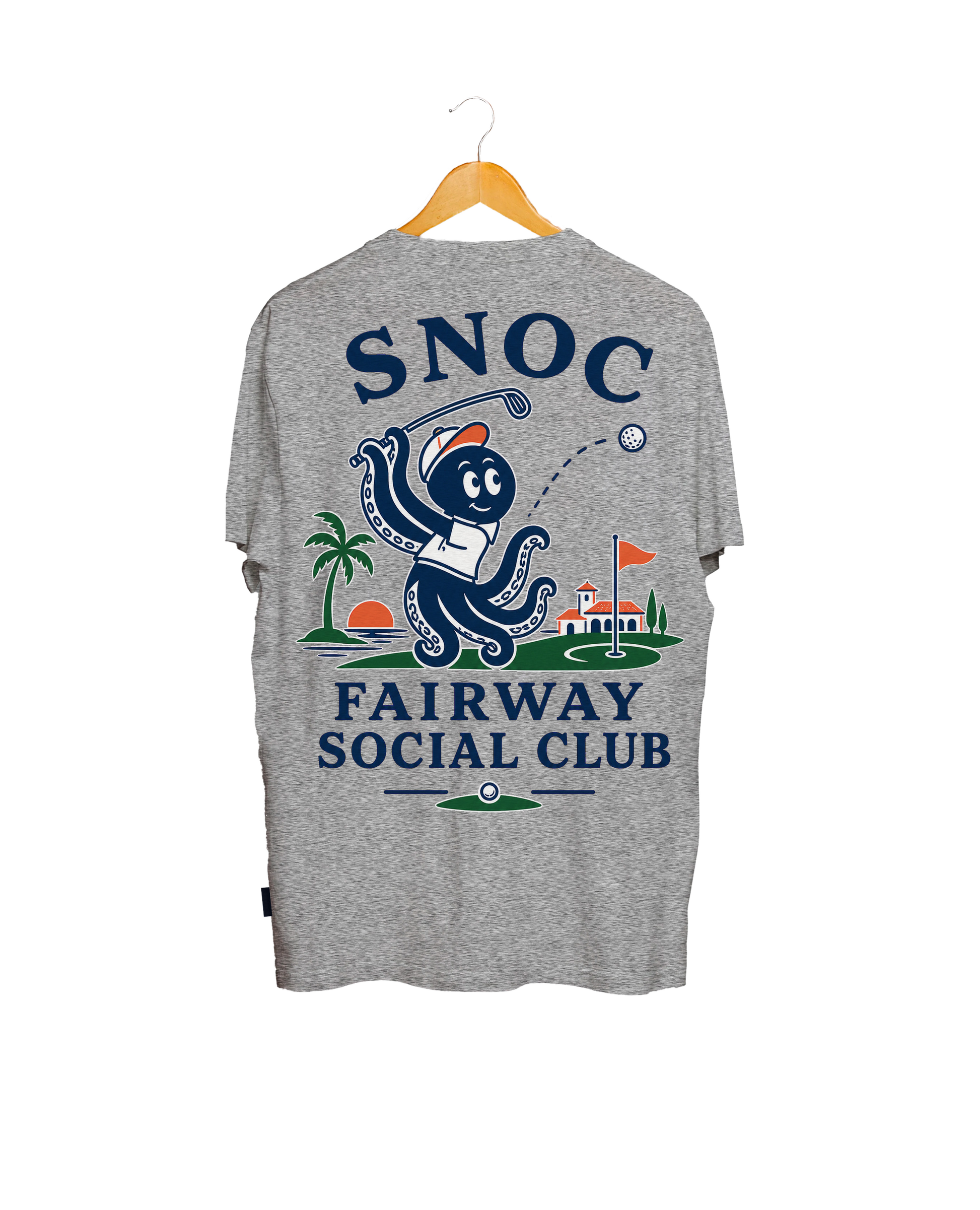 Camiseta de golf Fairway Social Club SNOC gris claro, vista trasera, fondo transparente