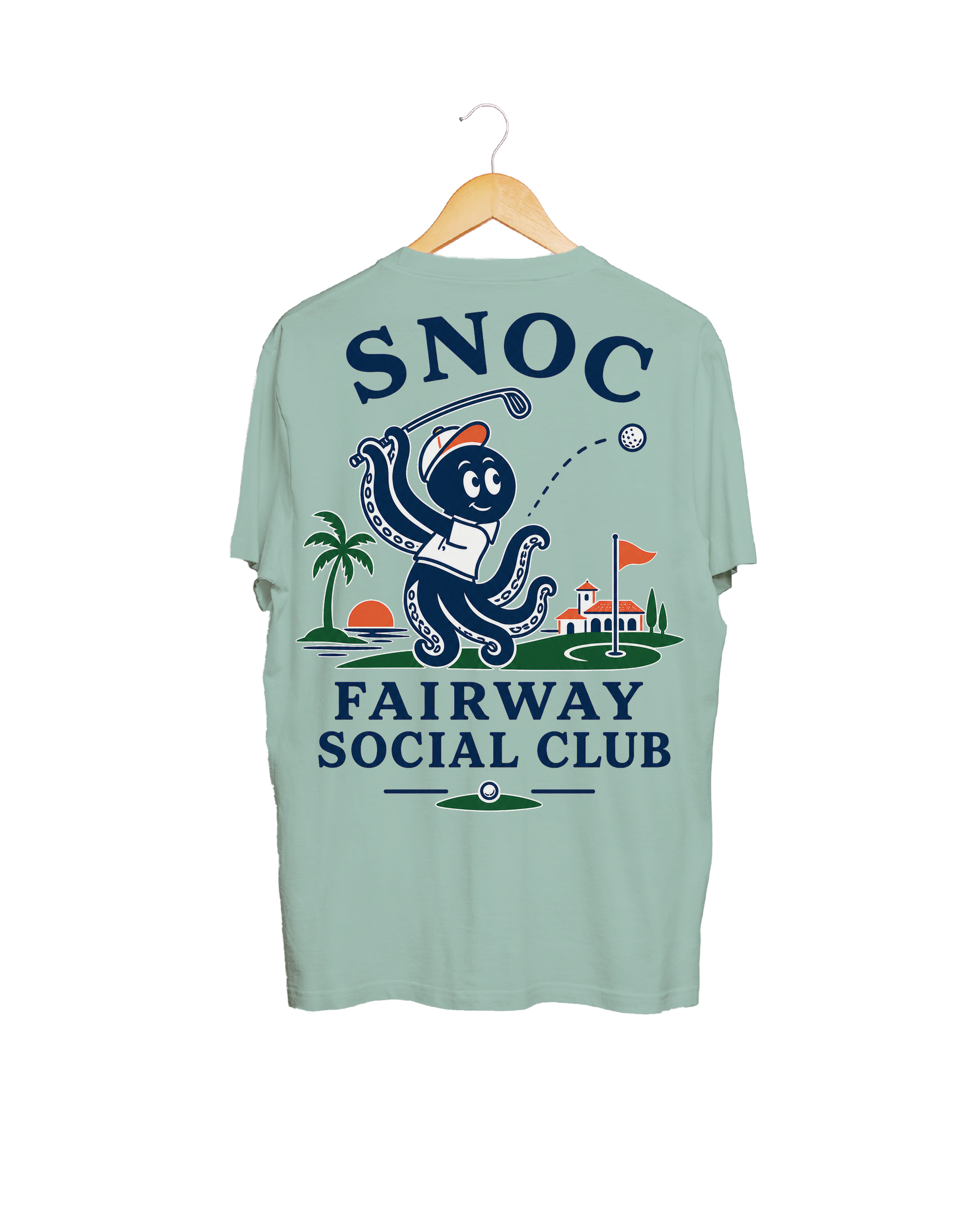 Camiseta de golf Fairway Social Club SNOC aguamarina, vista trasera, fondo transparente