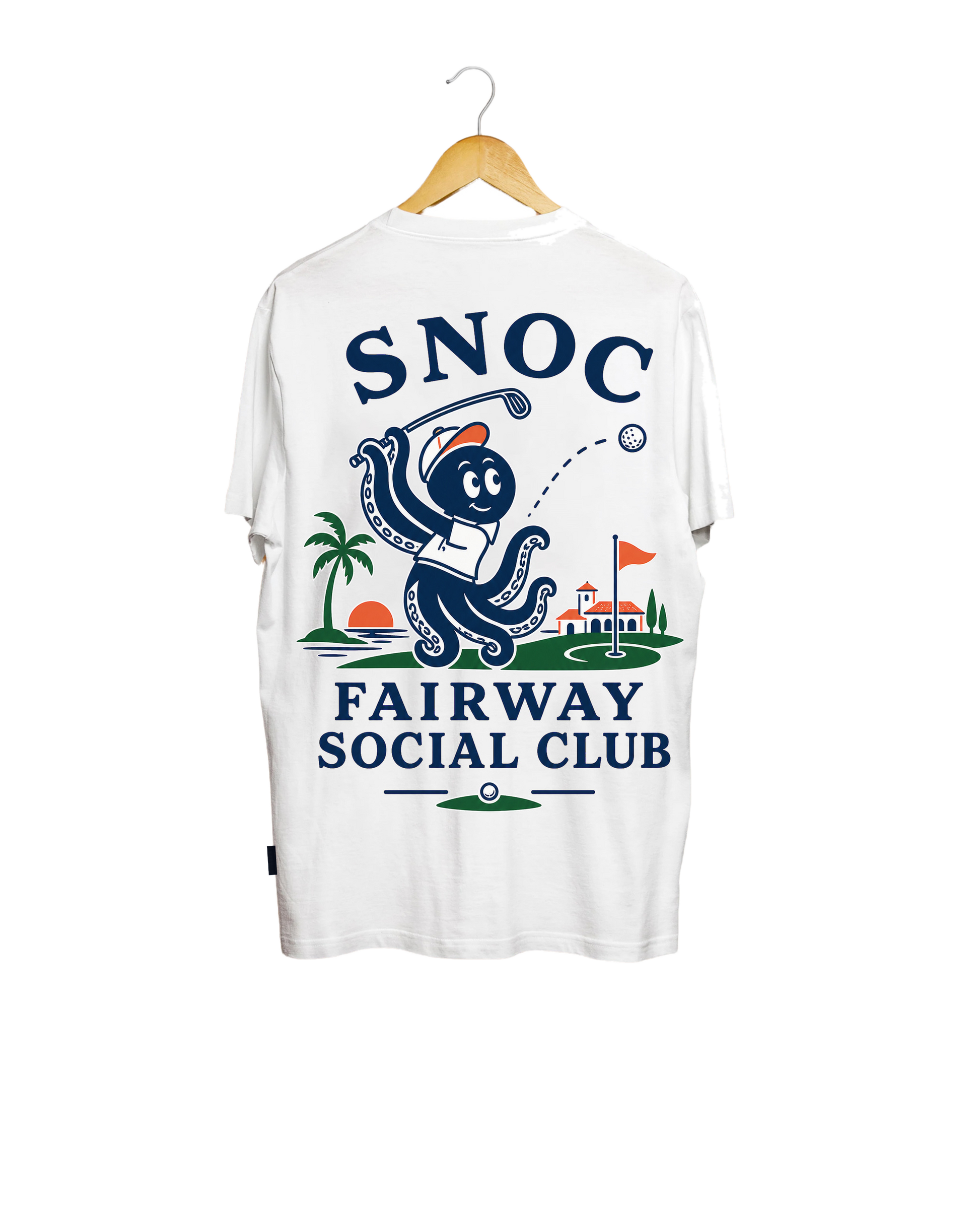 Camiseta de golf Fairway Social Club SNOC blanca, vista trasera, fondo transparente