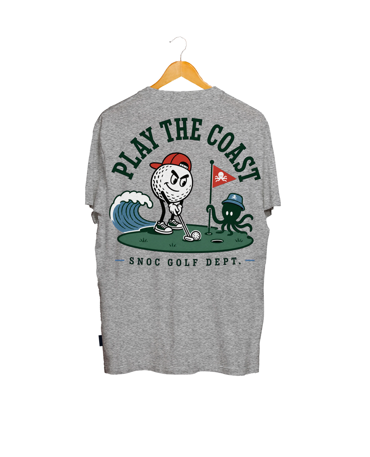 Camiseta de golf Play the Coast SNOC gris claro, vista trasera, fondo transparente