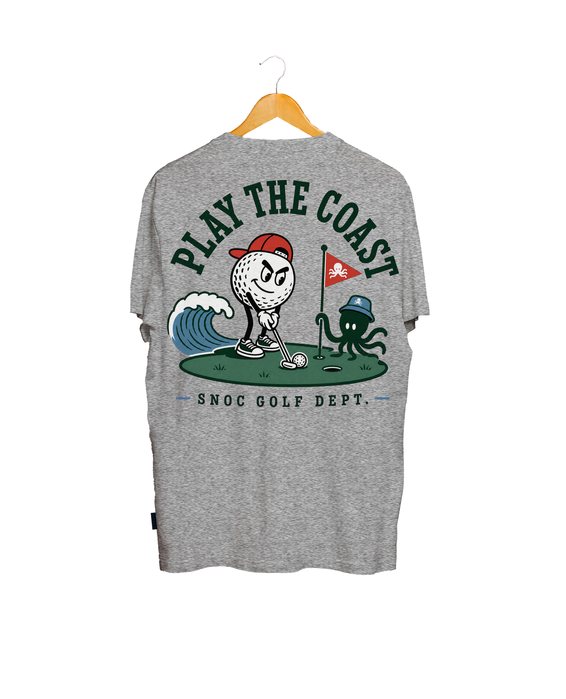 Camiseta de golf Play the Coast SNOC gris claro, vista trasera, fondo transparente
