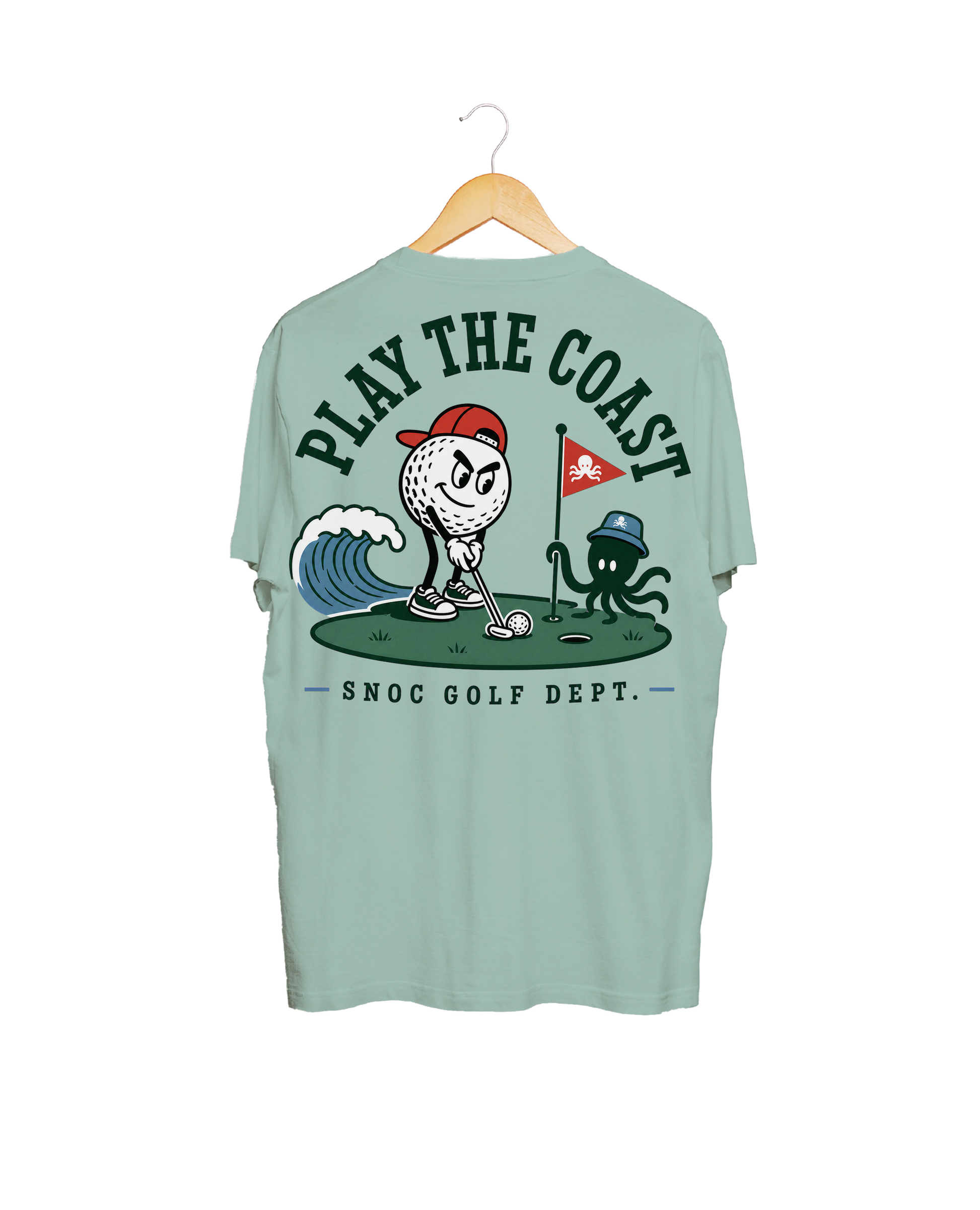 Camiseta de golf Play the Coast SNOC aguamarina, vista trasera, fondo transparente