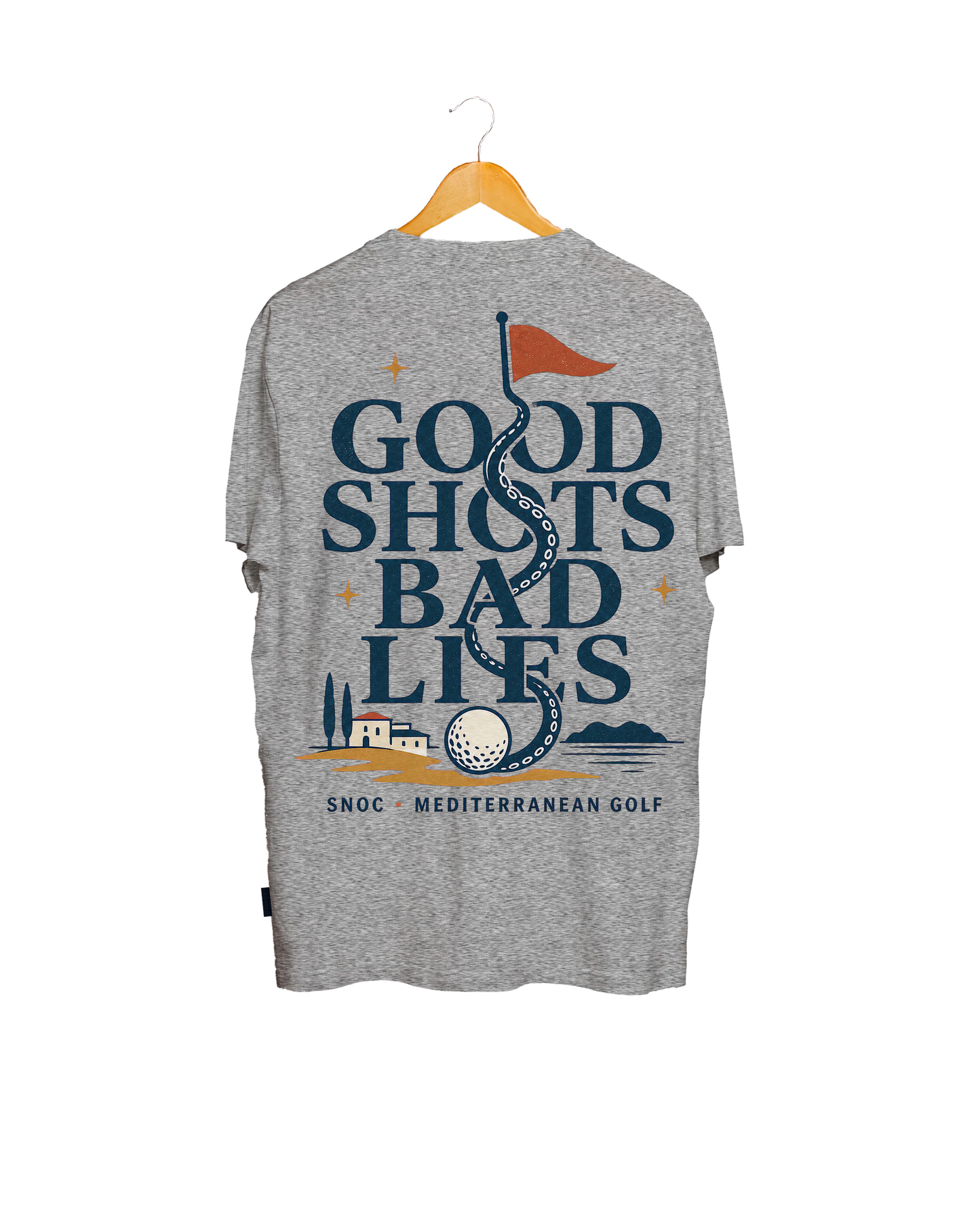 Camiseta de golf Good Shots Bad Lies SNOC gris claro, vista trasera, fondo transparente