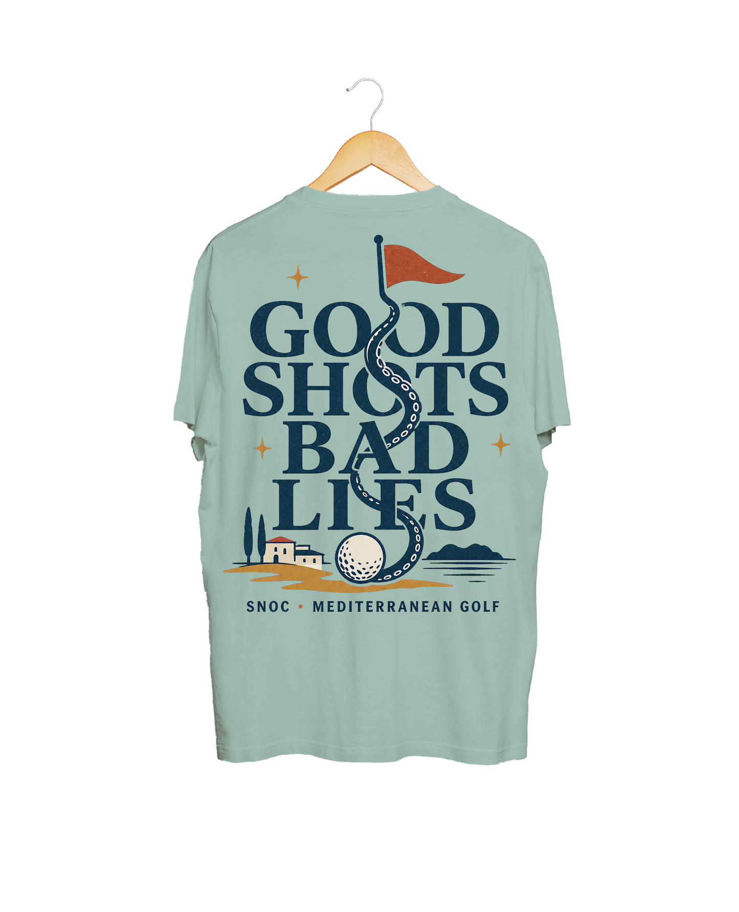 Camiseta de golf Good Shots Bad Lies SNOC aguamarina, vista trasera, fondo transparente