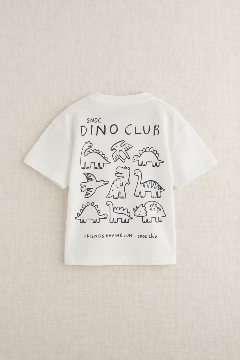 Mockup camiseta kids blanca SNOC Dino Club trasero sin percha