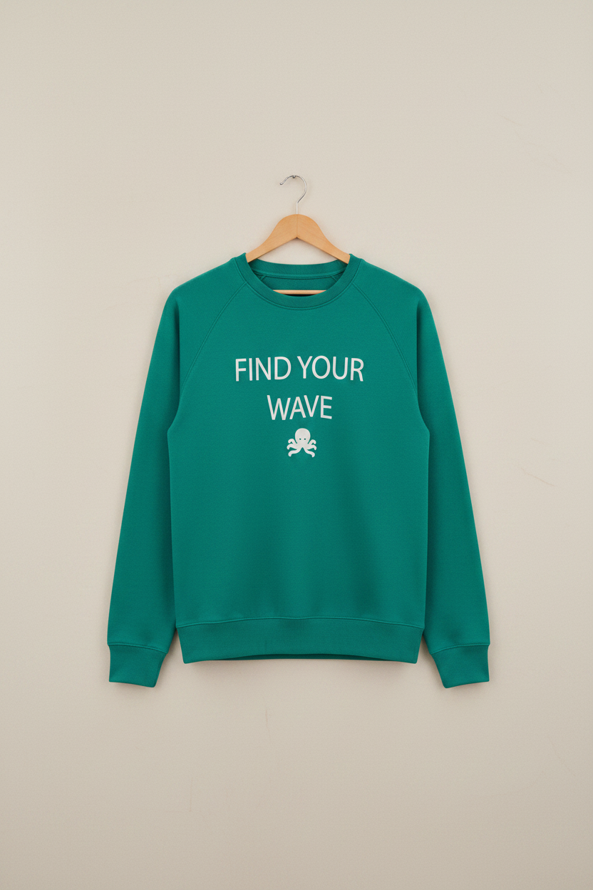Mockup delantero sudadera SNOC Find Your Wave teal