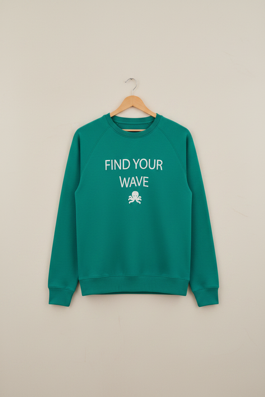Mockup delantero sudadera SNOC Find Your Wave teal