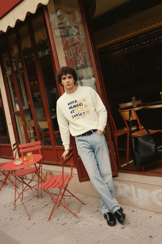 Modelo con cara distinta en el café, sudadera Make Memories at Sunset