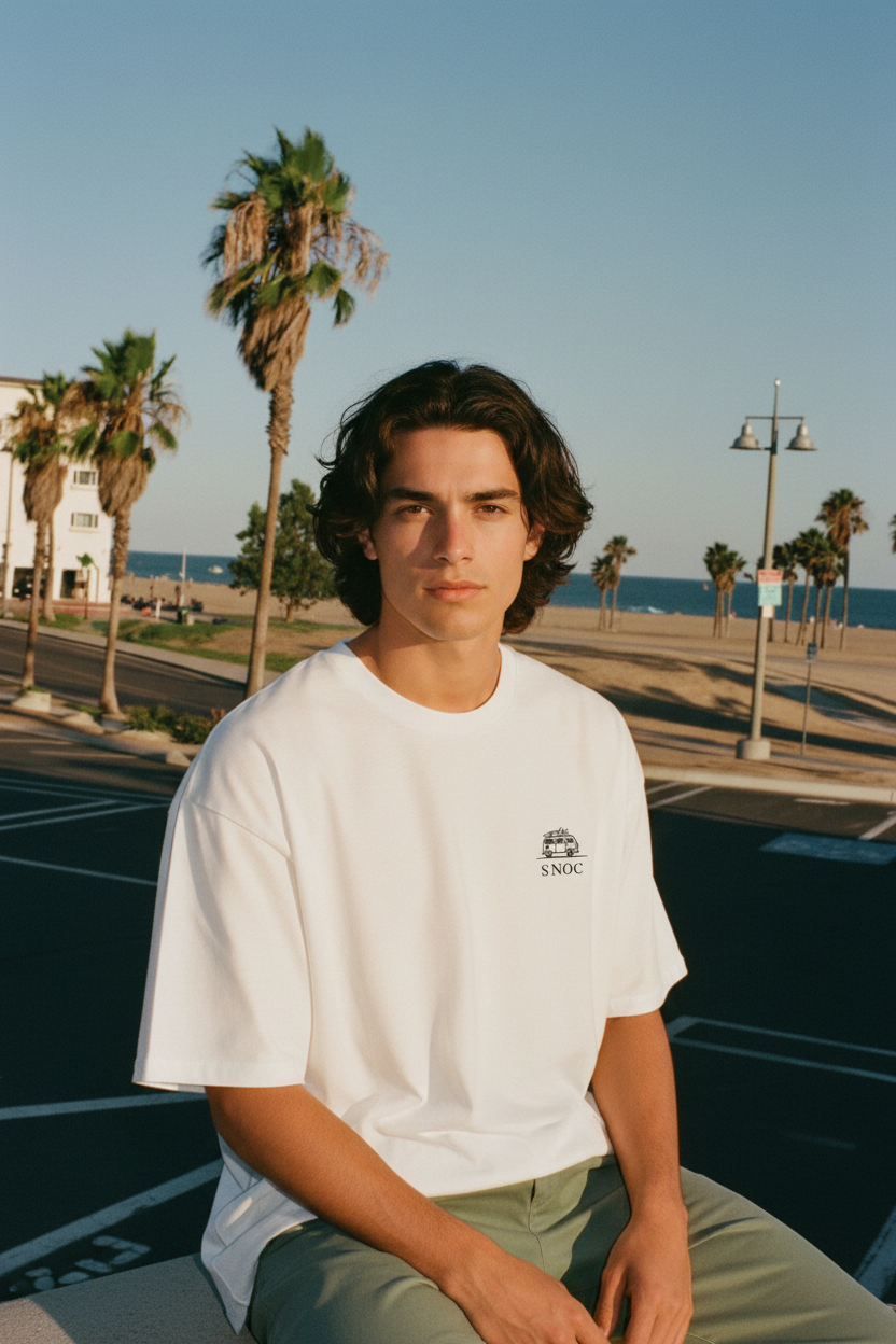 Modelo con la camiseta SNOC de la furgoneta en el paseo marítimo