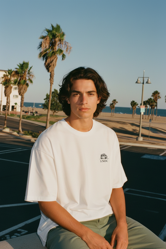Modelo con la camiseta SNOC de la furgoneta en el paseo marítimo