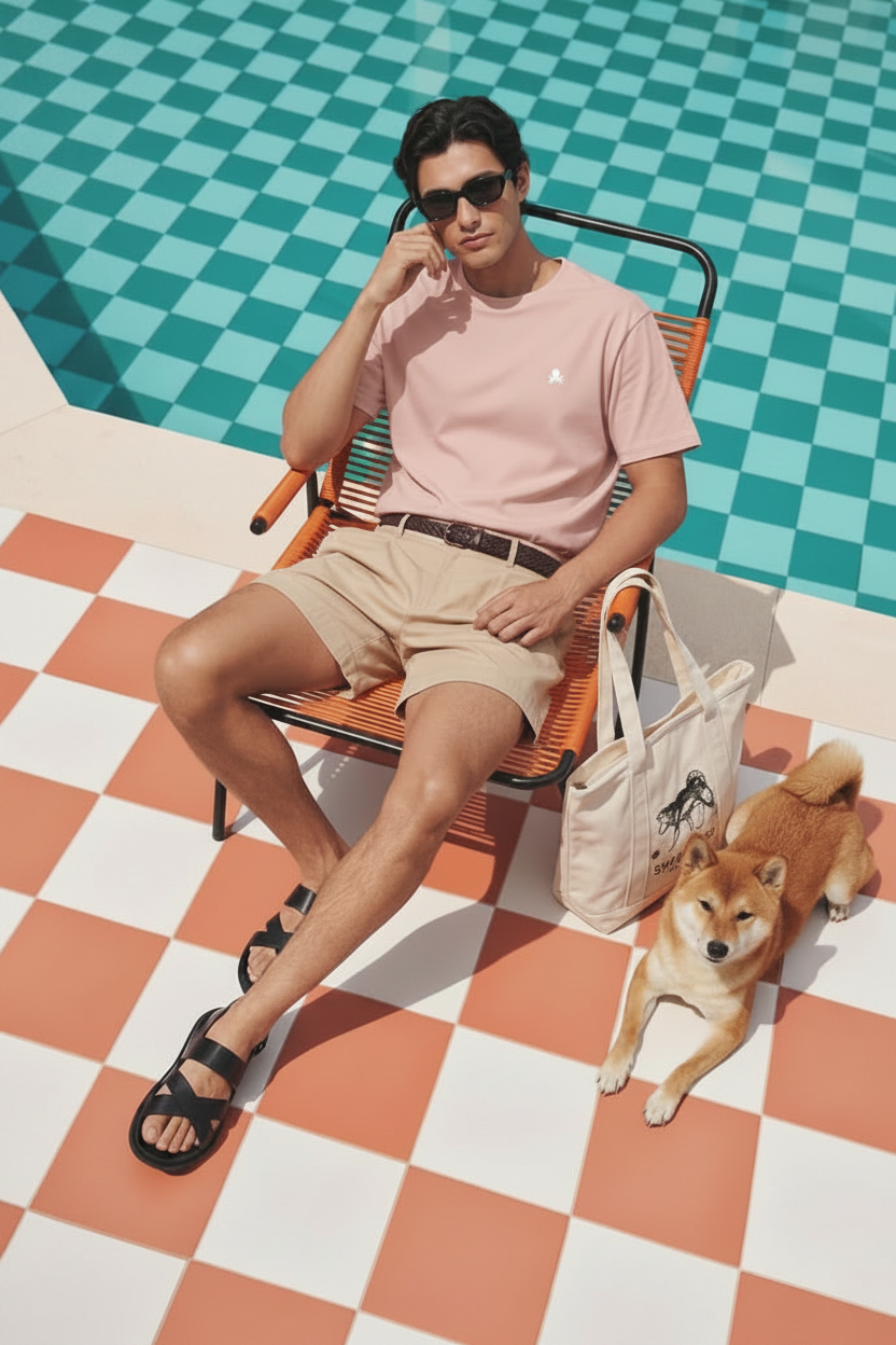 Modelo con la camiseta SNOC rosa pulpo mini por fuera junto a la piscina