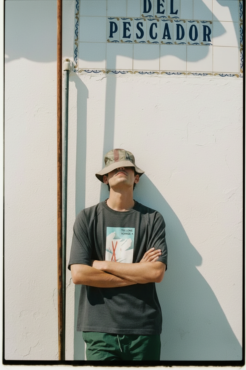 Modelo con la camiseta SNOC The Long Voyage bajo el cartel Del Pescador