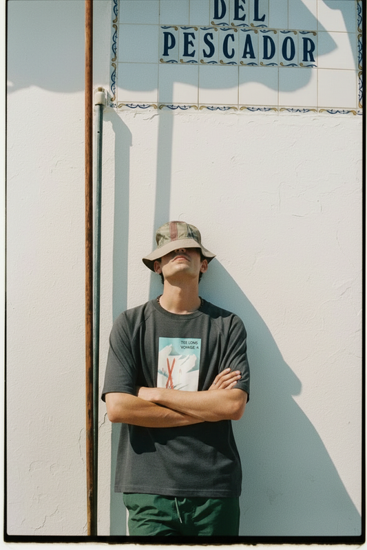 Modelo con la camiseta SNOC The Long Voyage bajo el cartel Del Pescador