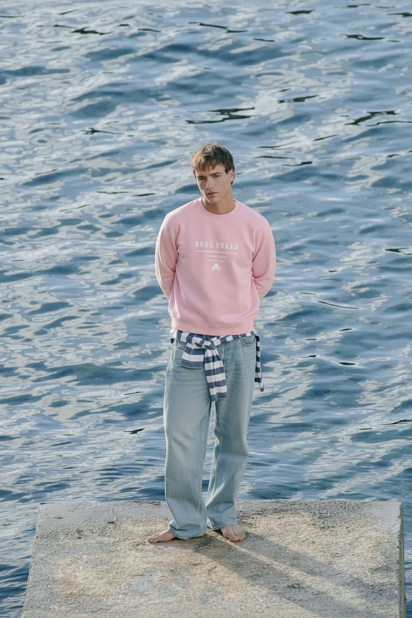 Modelo con la sudadera rosa SNOC Squad en el muelle
