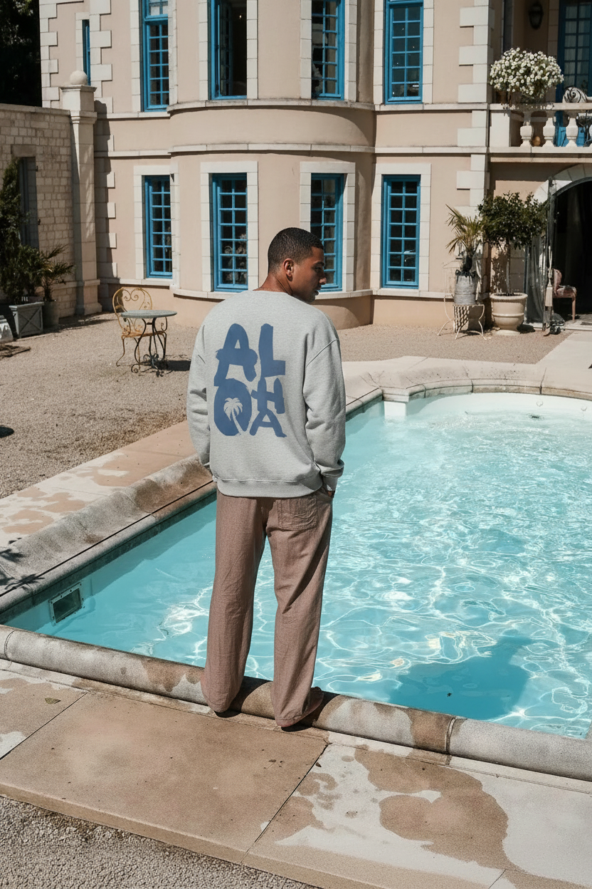 Modelo con la sudadera SNOC Aloha junto a la piscina, nueva postura