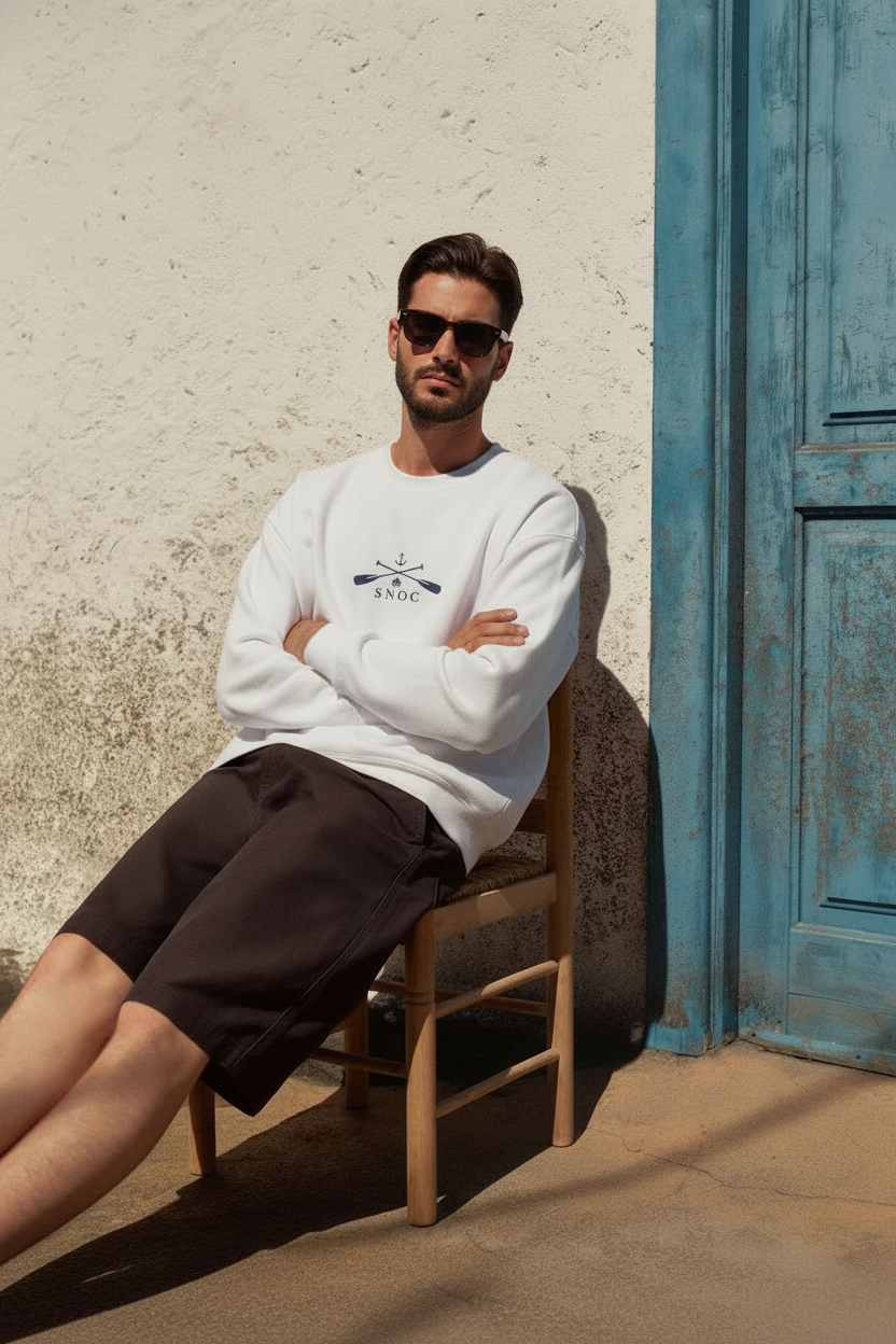 Modelo con la sudadera SNOC de los remos, sin pañuelo
