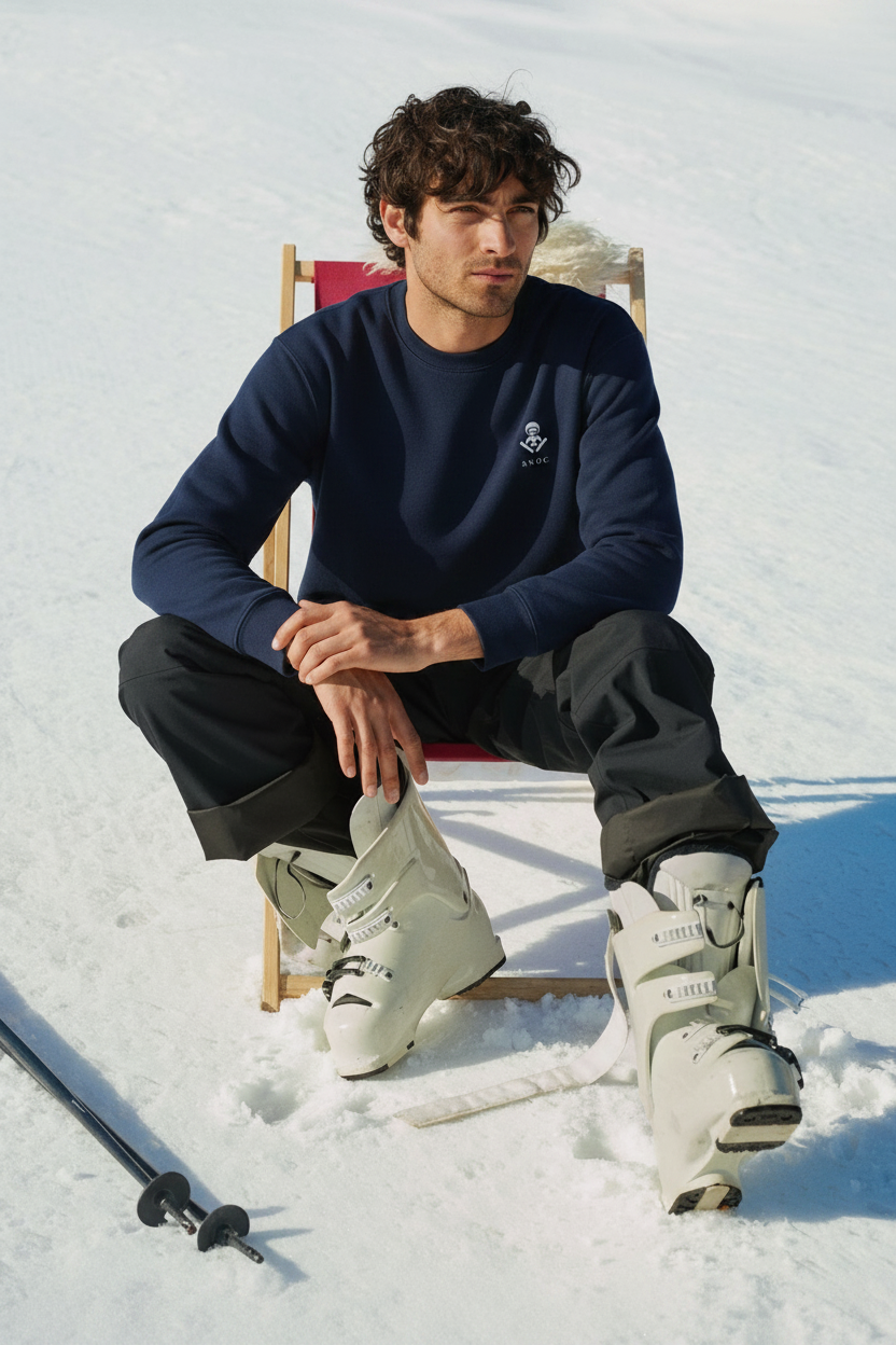 Modelo con la sudadera SNOC del buzo en la nieve
