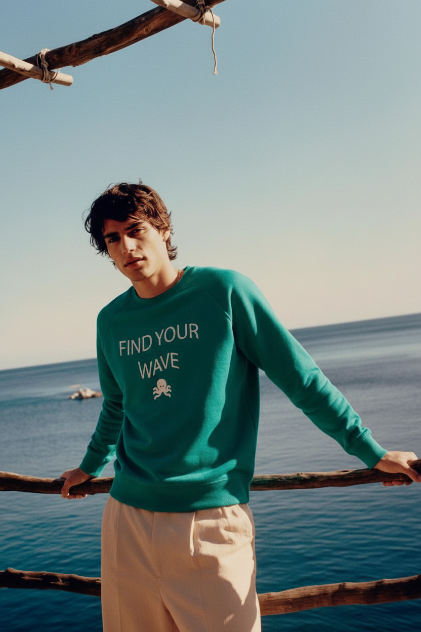 Modelo con la sudadera SNOC Find Your Wave junto al mar