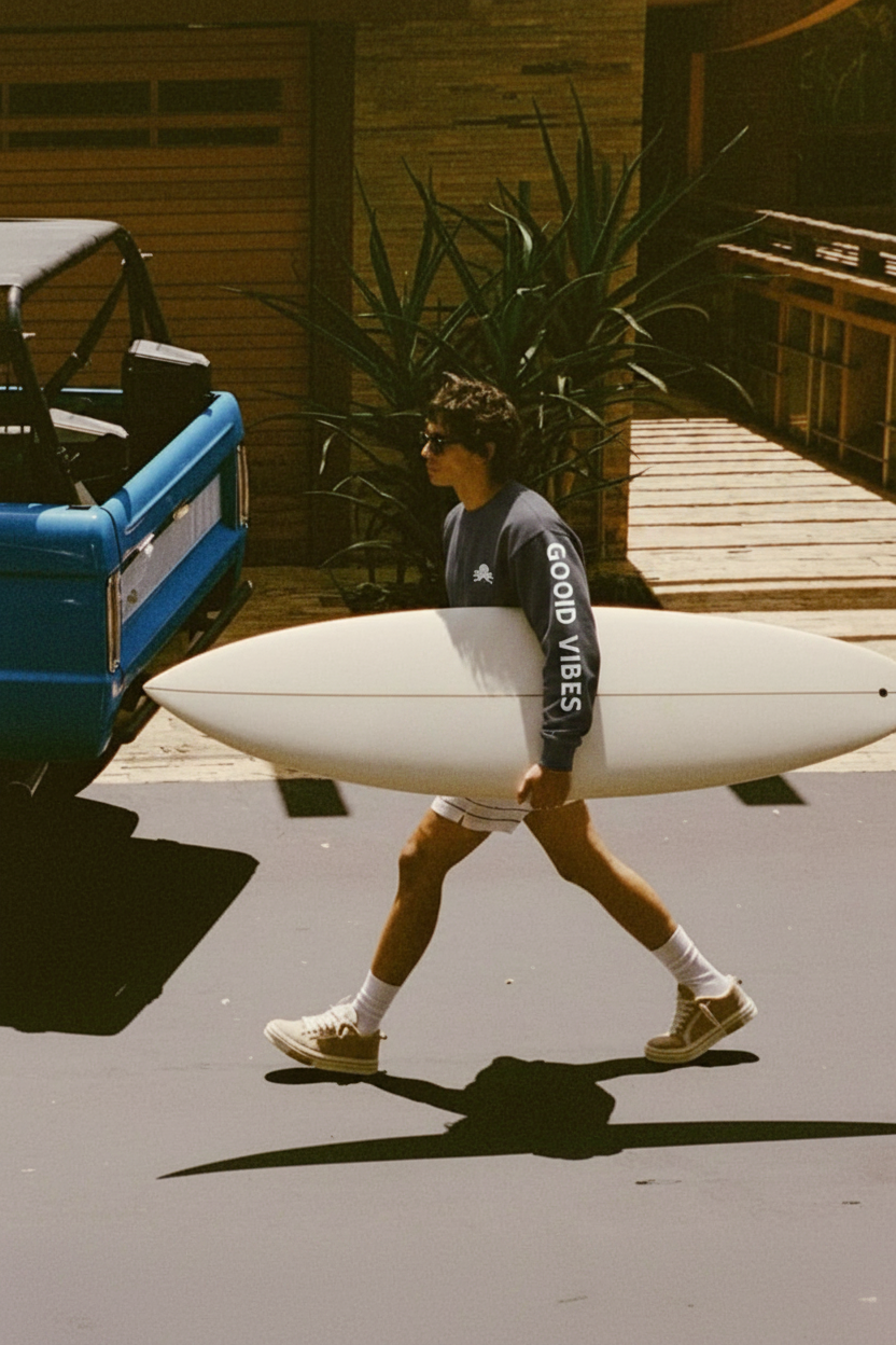 Modelo con la sudadera SNOC Good Vibes llevando la tabla de surf