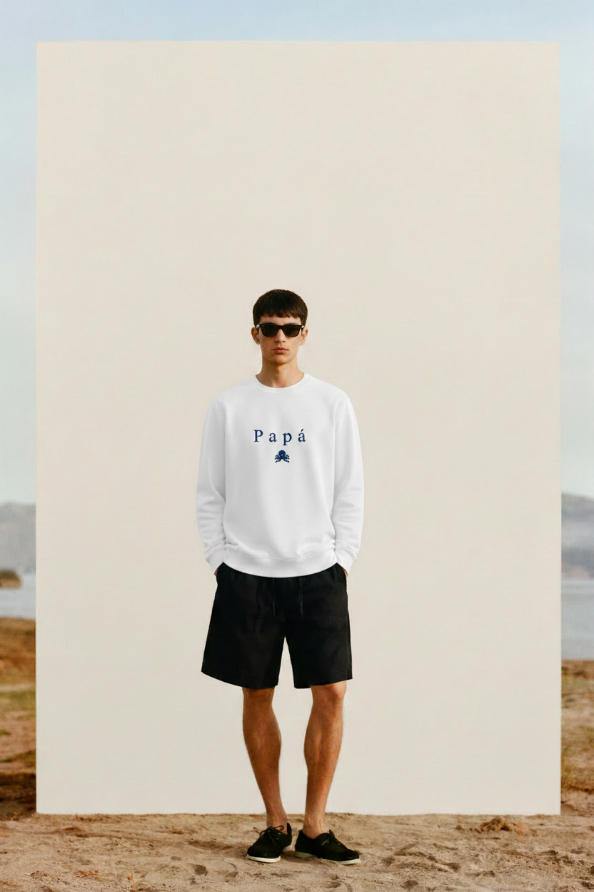 Modelo con la sudadera SNOC Papá en la playa
