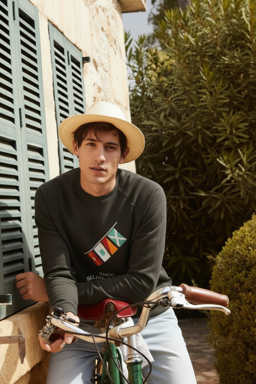 Modelo con la sudadera SNOC Sailing Division en gris oscuro