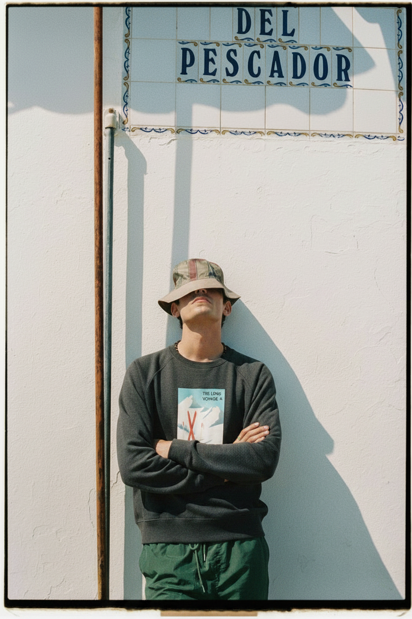 Modelo con la sudadera SNOC The Long Voyage en la escena Del Pescador