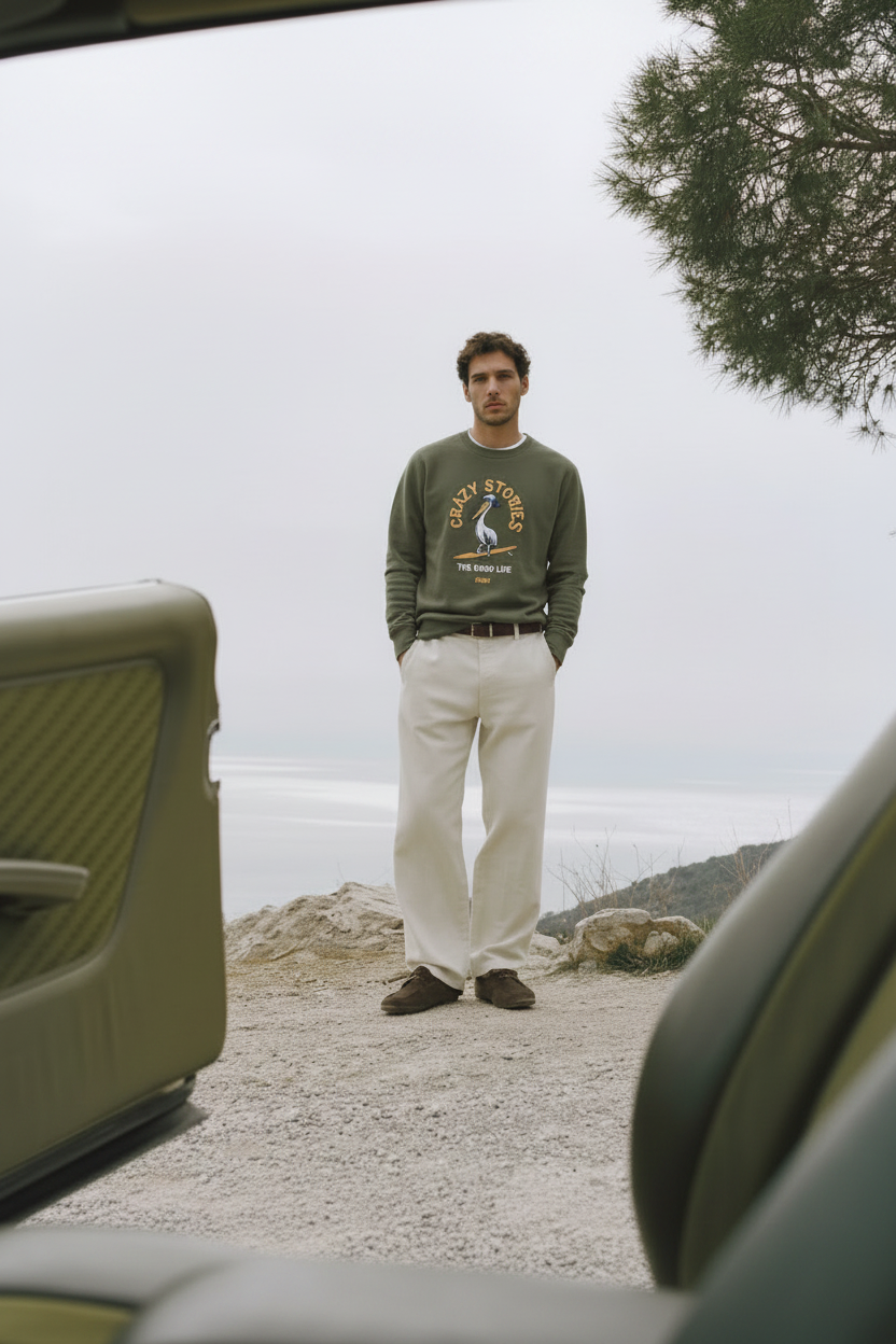Modelo con la sudadera verde por fuera y mangas bajadas