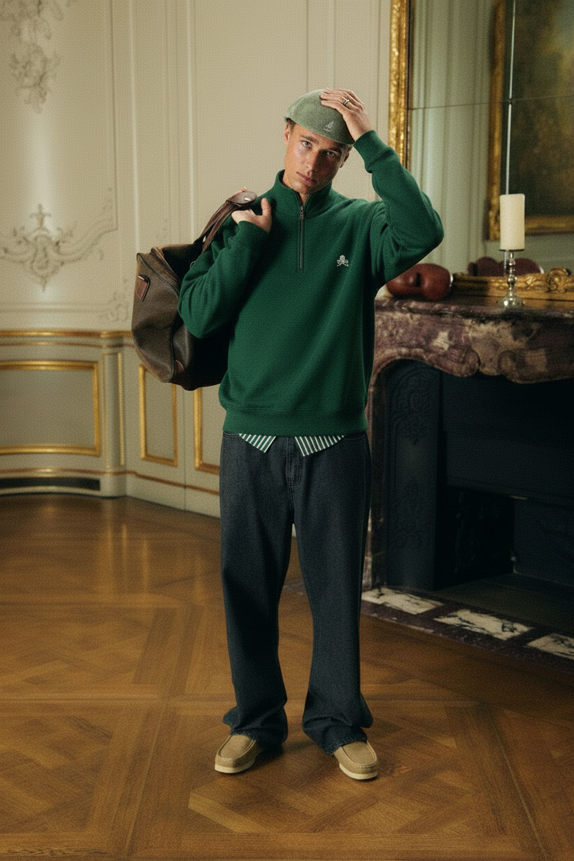 Modelo con la sudadera verde SNOC media cremallera, sin camisa debajo
