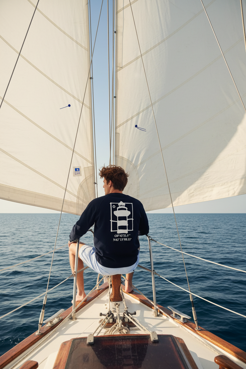 Modelo de espaldas con la sudadera SNOC del faro en el velero