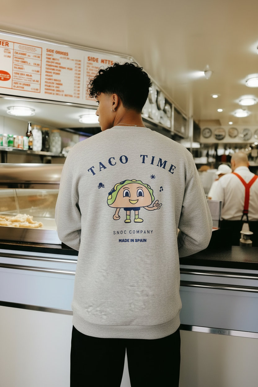 Modelo de espaldas con la sudadera SNOC Taco Time