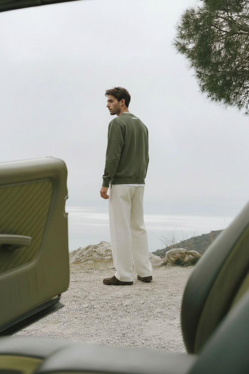 Modelo de espaldas con la sudadera verde The Good Life