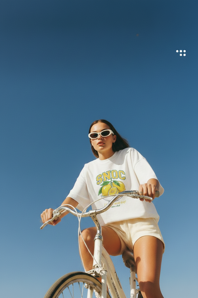 Modelo en bici con la camiseta blanca SNOC de limones