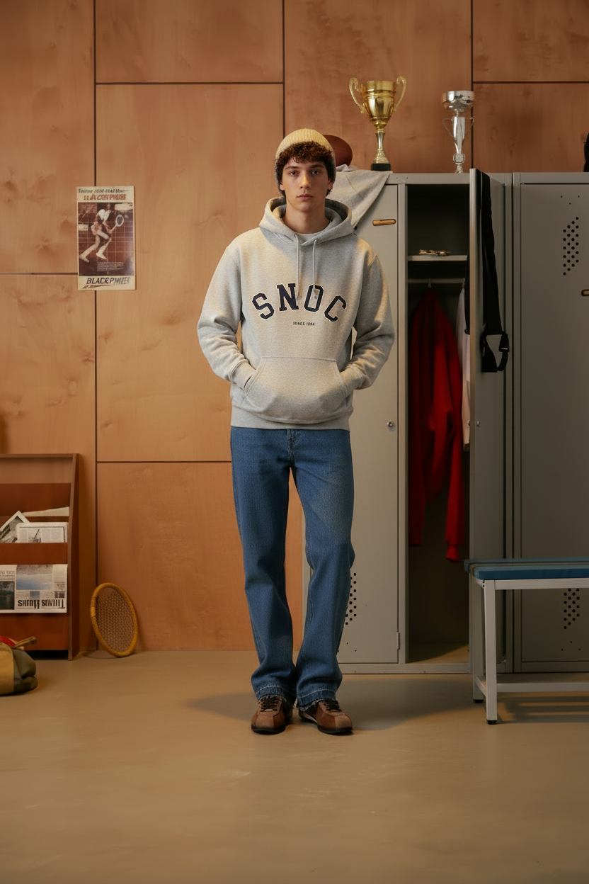 Modelo en el vestuario con la sudadera con capucha gris SNOC Since 1994
