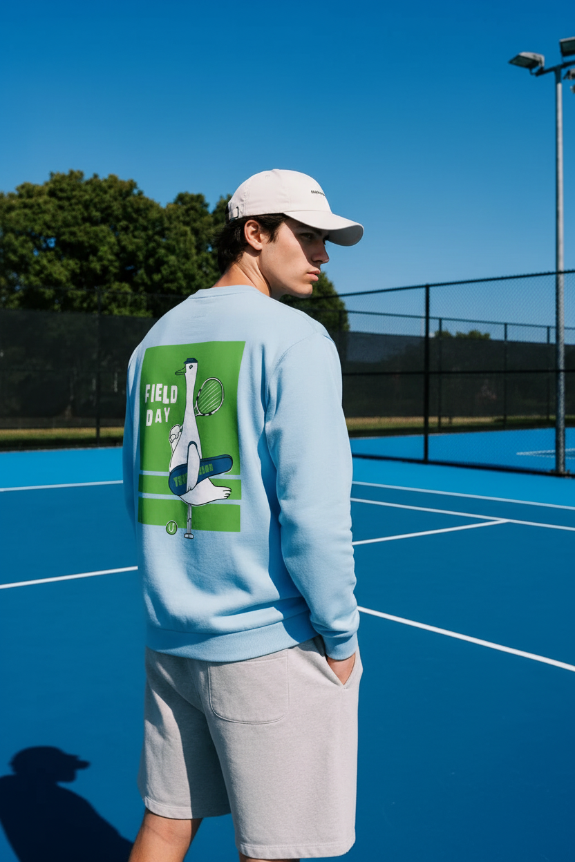 Modelo en la pista de tenis con la sudadera azul claro Field Day