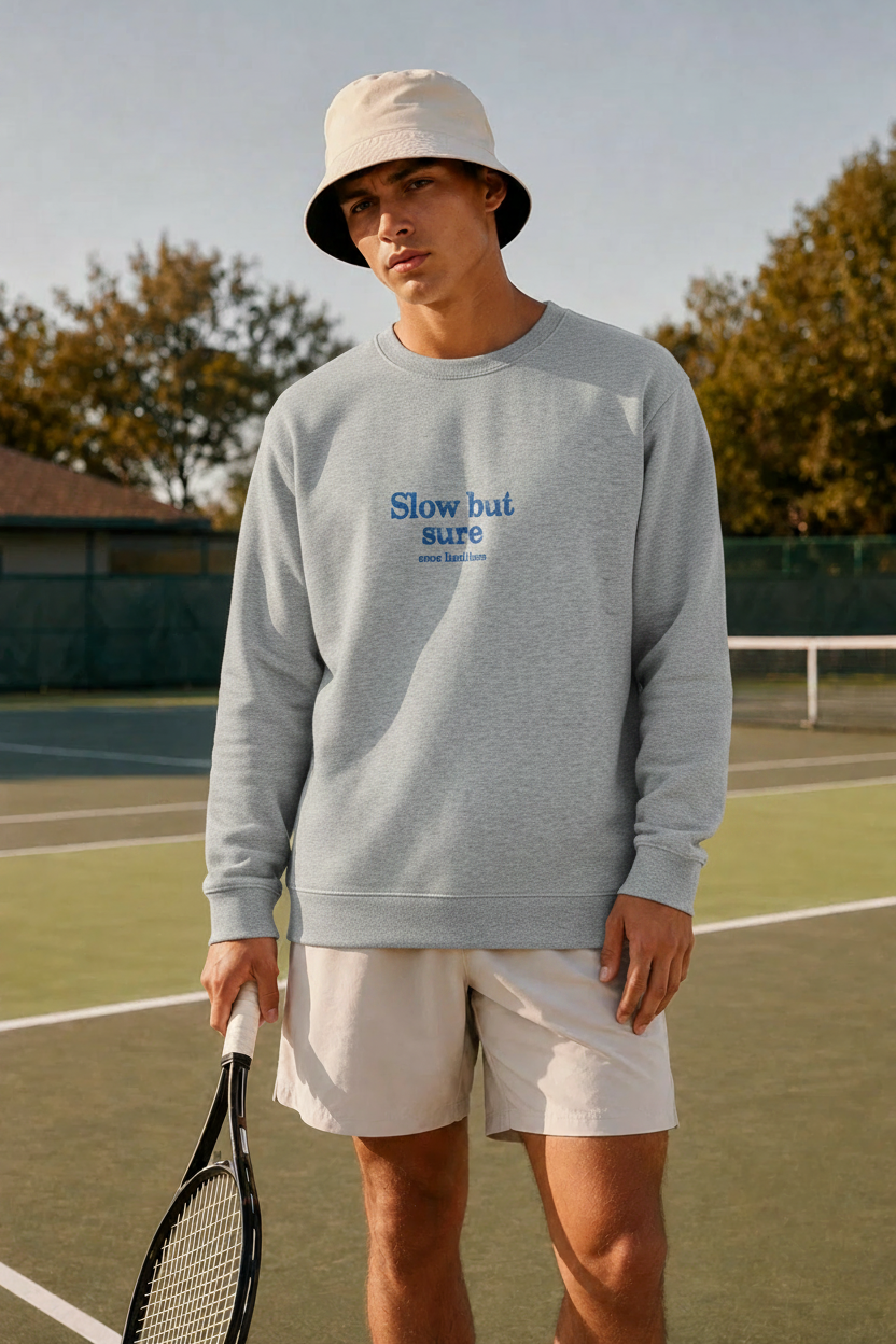 Modelo en la pista de tenis con la sudadera gris Slow but sure, vista delantera