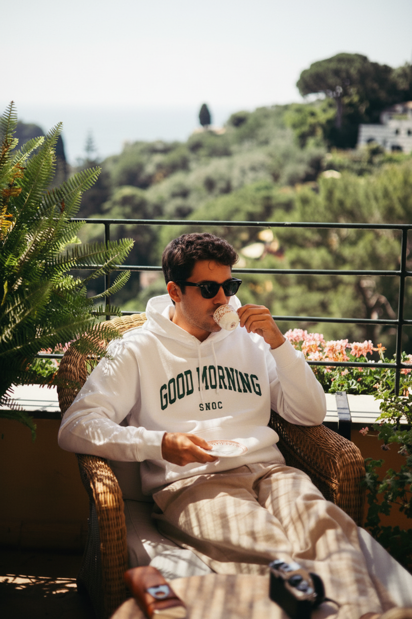 Modelo en la terraza con la sudadera con capucha blanca Good Morning