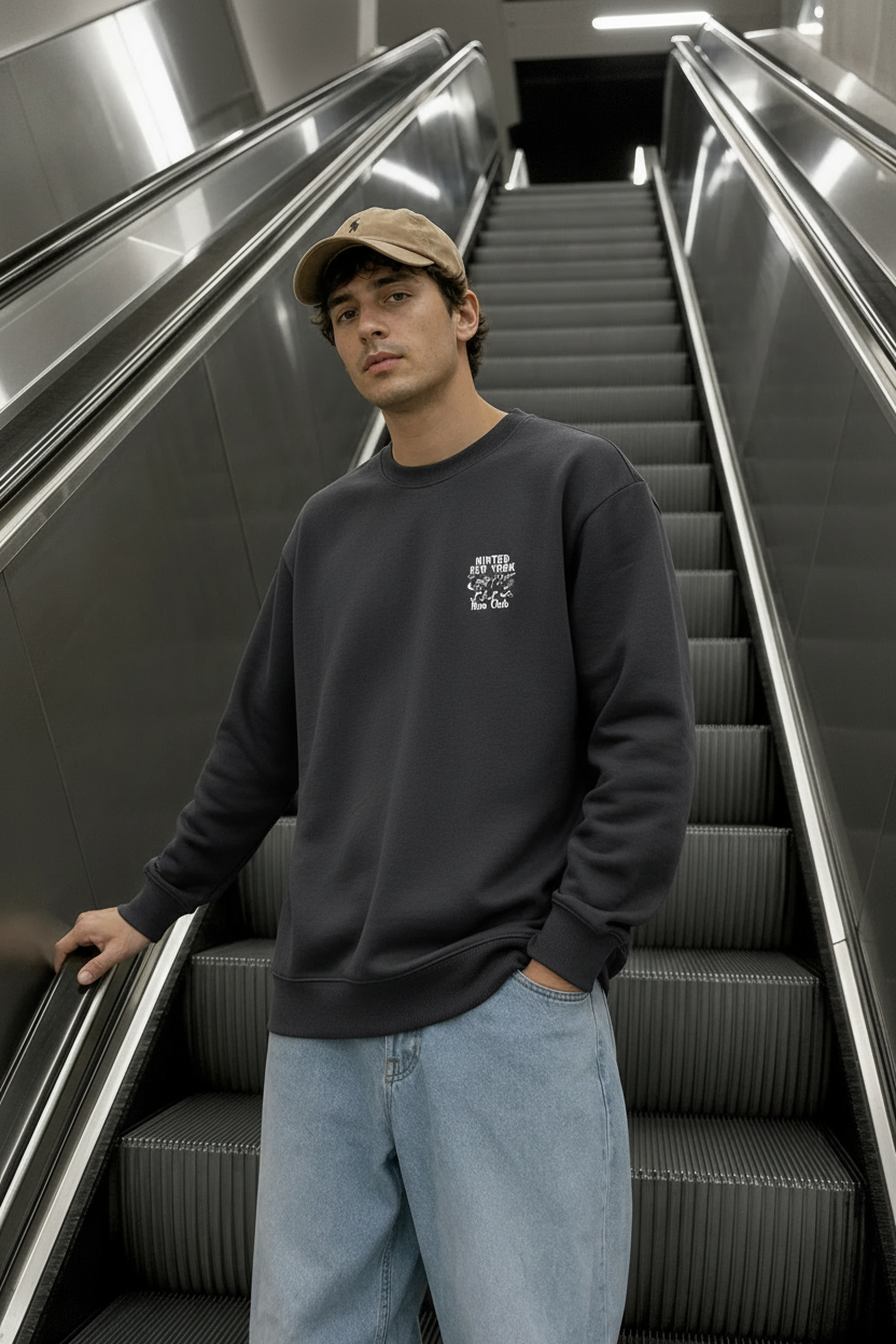 Modelo en las escaleras con la sudadera gris oscuro Minted New York Run Club
