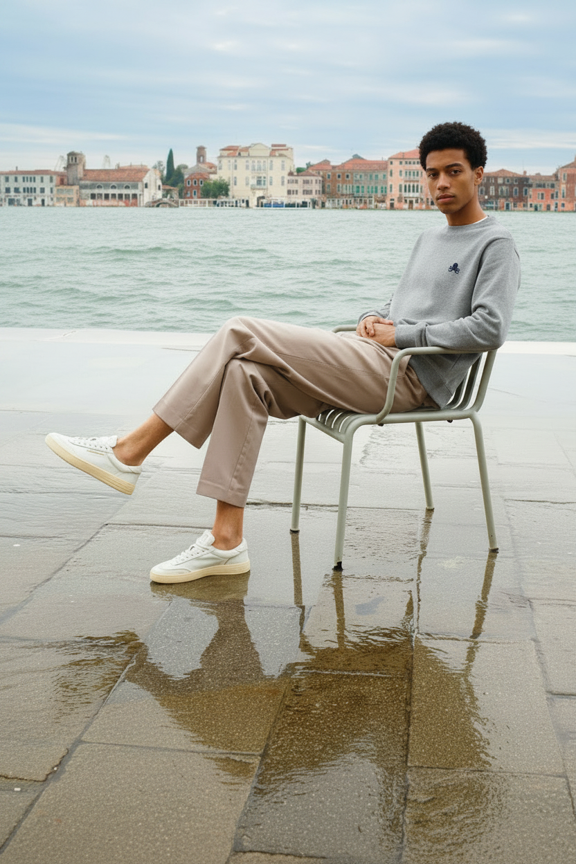 Modelo español en Venecia con la sudadera gris del pulpo