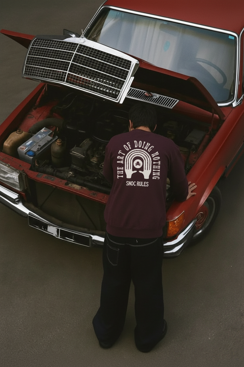 Modelo junto al coche rojo con la sudadera burdeos The Art of Doing Nothing