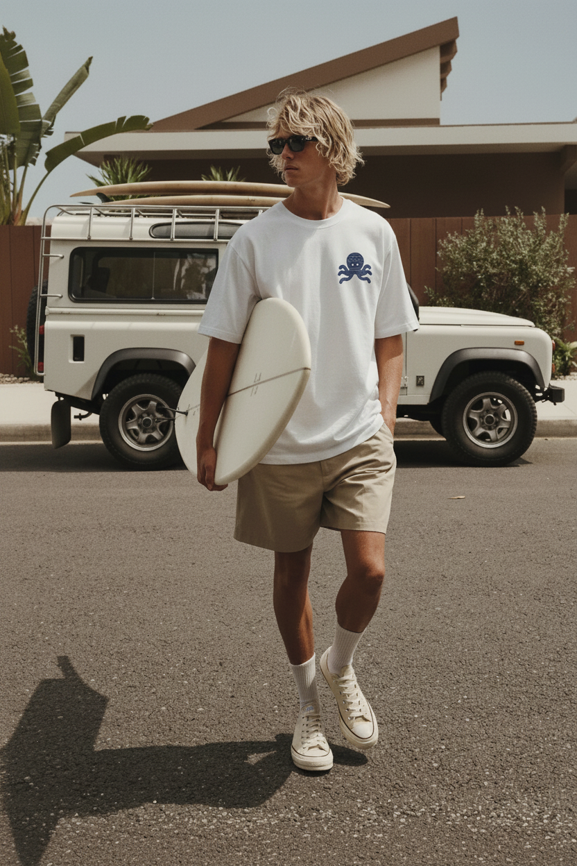 Modelo surfero con la camiseta SNOC del pulpo, nuevo ángulo y pose