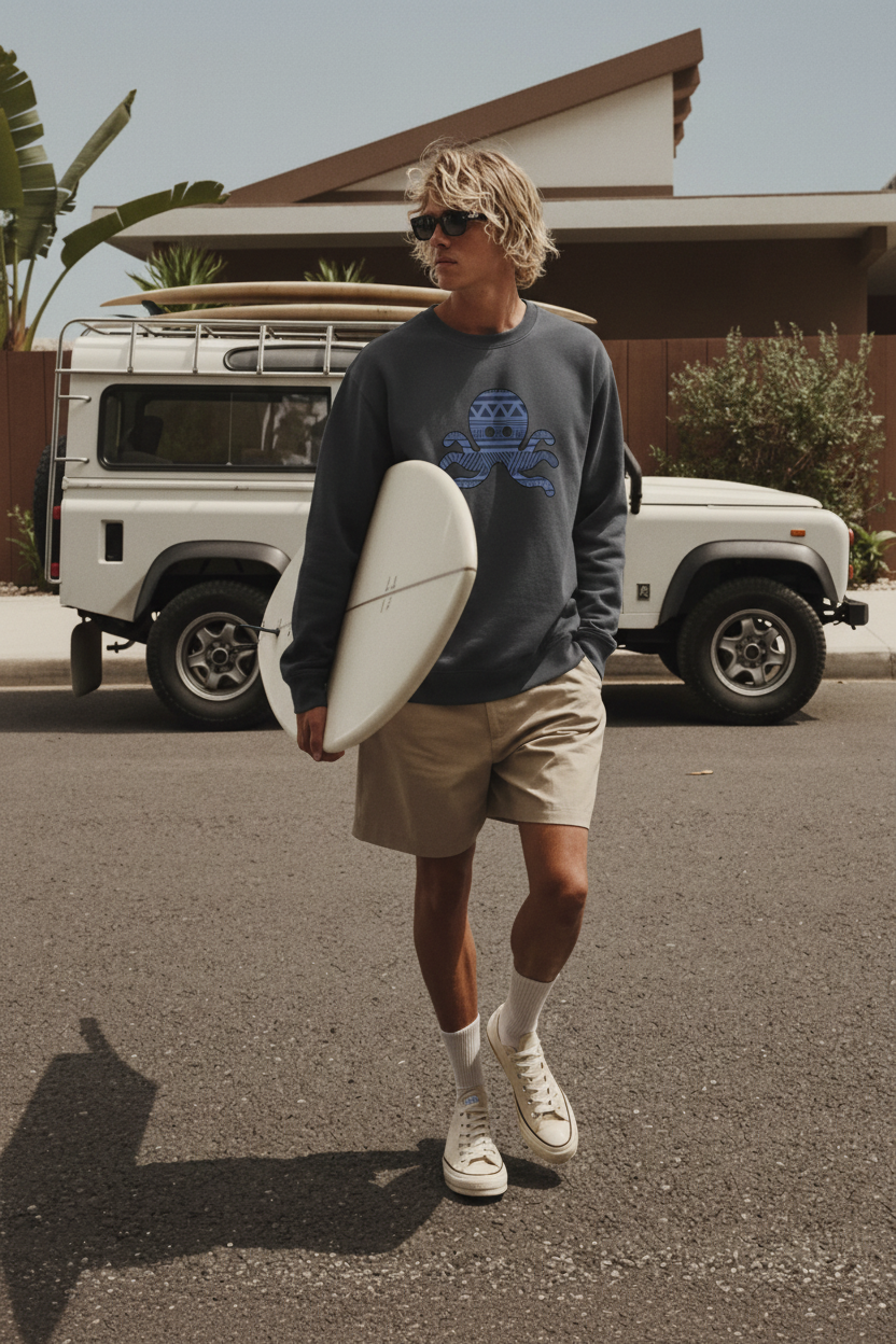 Modelo surfero con la sudadera SNOC del pulpo tribal