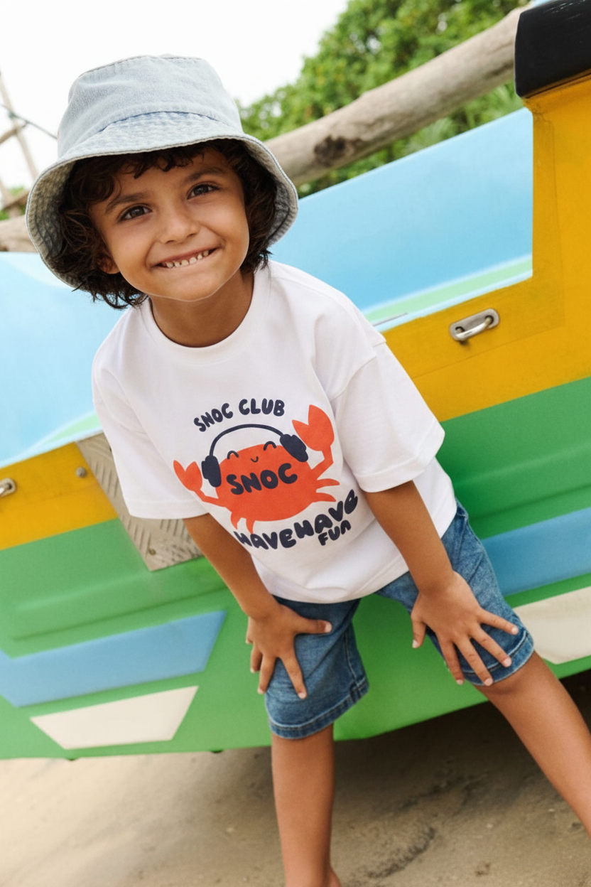 Niño con camiseta SNOC Crab Have Fun correcto
