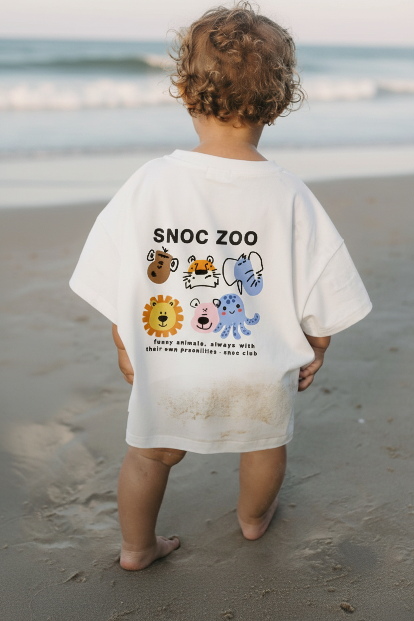 Niño en la playa con la camiseta SNOC Zoo